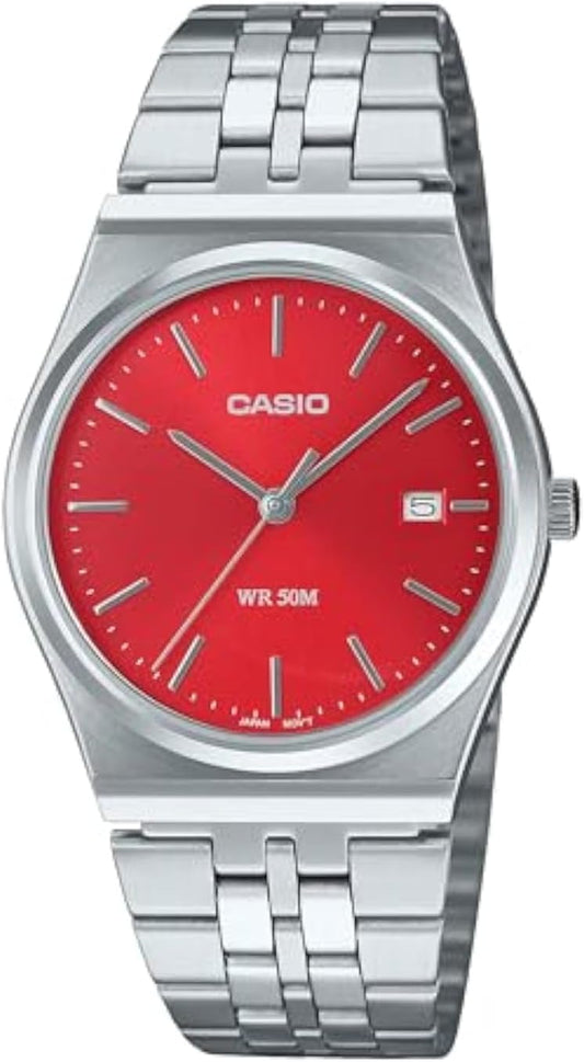HOTCasio MTP-B145D-4A2V Men's Vintage Stainless Steel Red Dial 3-Hand Analog Watch, Silver
