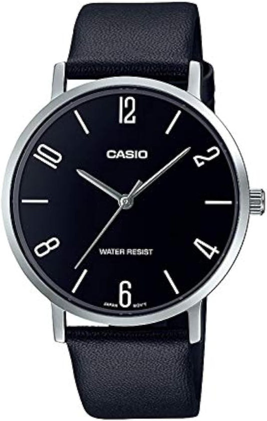 HOTCasio MTP-VT01L-1B2 Men's Minimalistic Black Dial Black Leather Band Analog Watch