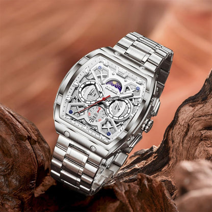 HOTOLEVS Men Watches Business Dress Chronograph Big Square Quartz Analog Male Watch Silicone Strap Waterproof Date Gift Mens Wrsit Watch Silver