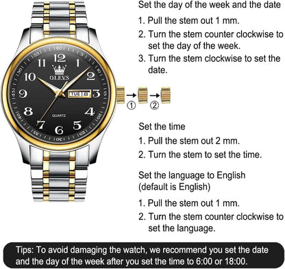 HOTOLEVS Men's Casual Stainless Steel Watch, Big Face Easy to Read Analog Quartz Watch with Day and Date, Classic Waterproof Diamond Roman Arabic Numeral Dial Dress Watch for Men, Gold Silver Black Band