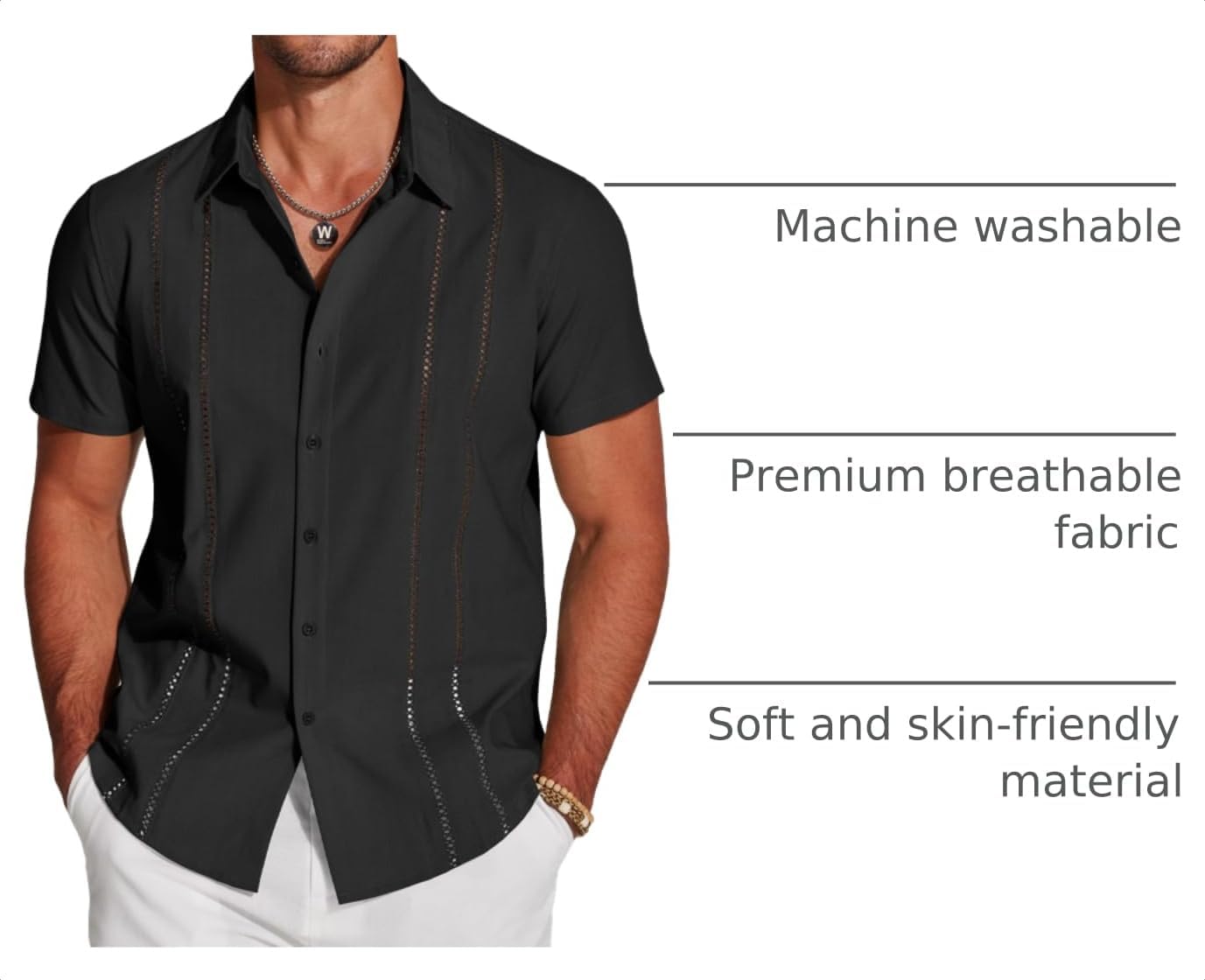 HOTCOOFANDY Men's Cuban Guayabera Shirt Short Sleeve Button Down Shirts Casual Summer Beach Linen Shirts