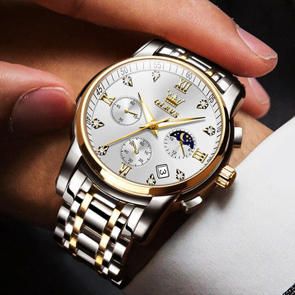 HOTOLEVS Watch for Men Diamond Business Dress Analog Quartz Stainless Steel Waterproof Luminous Date Two Tone Luxury Casual Wrist Watch Blue