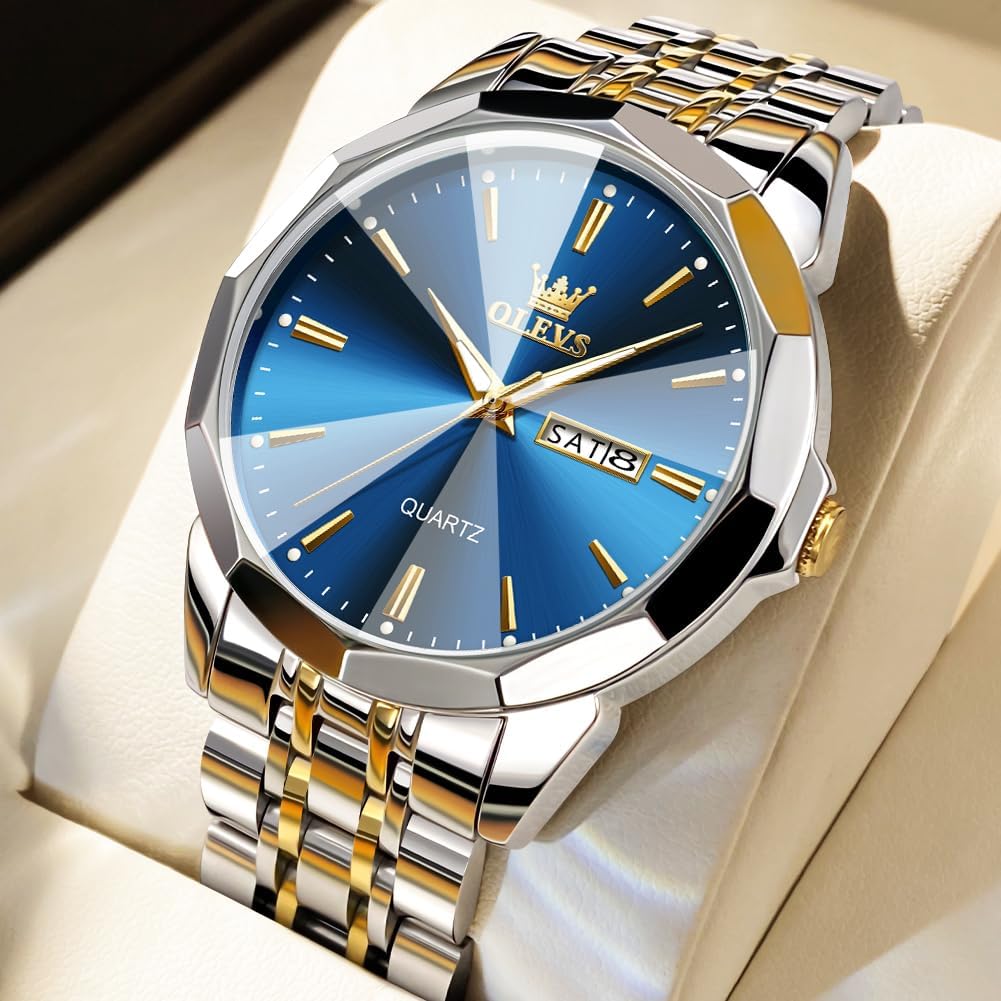 HOTOLEVS Watch for Men Diamond Business Dress Analog Quartz Stainless Steel Waterproof Luminous Date Two Tone Luxury Casual Wrist Watch Blue
