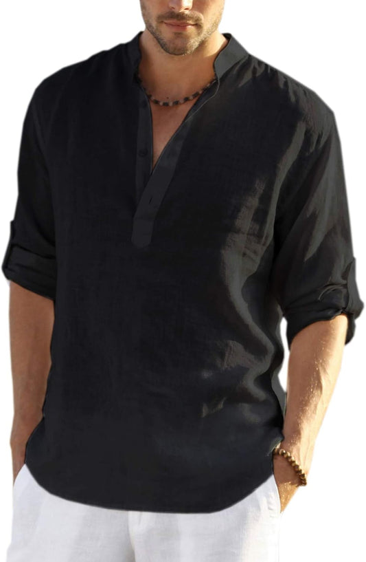 HOTCOOFANDY Men's Cotton Linen Henley T-Shirt Long Sleeve Hippie Casual Beach T-Shirts