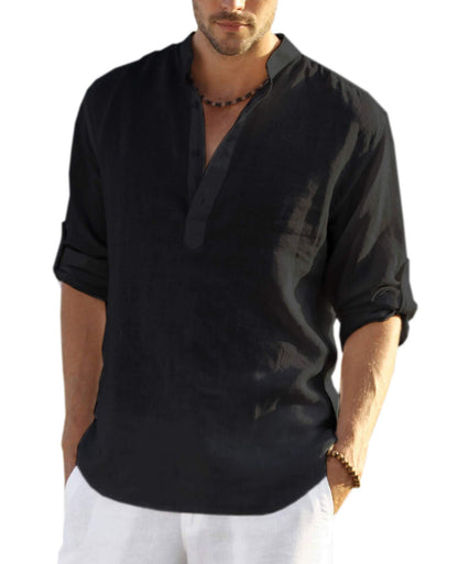 HOTCOOFANDY Men's Cotton Linen Henley T-Shirt Long Sleeve Hippie Casual Beach T-Shirts