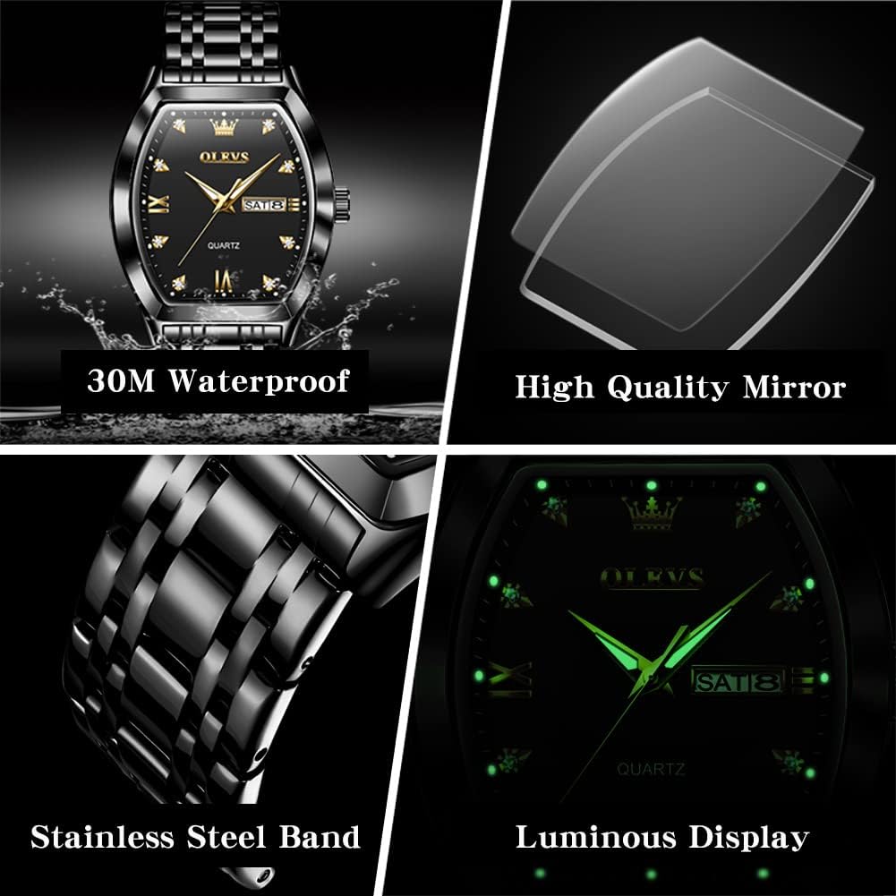 HOTOLEVS Mens Watches Luxury Business Analog Quartz Watches for Men with Stainless Steel Dress Date Waterproof Luminous Wrist Watches | Luxury Rectangle Face Tonneau Silver or Gold Stainless Steel Dress Watches for Men Roman Numerals with Black/Blue/White