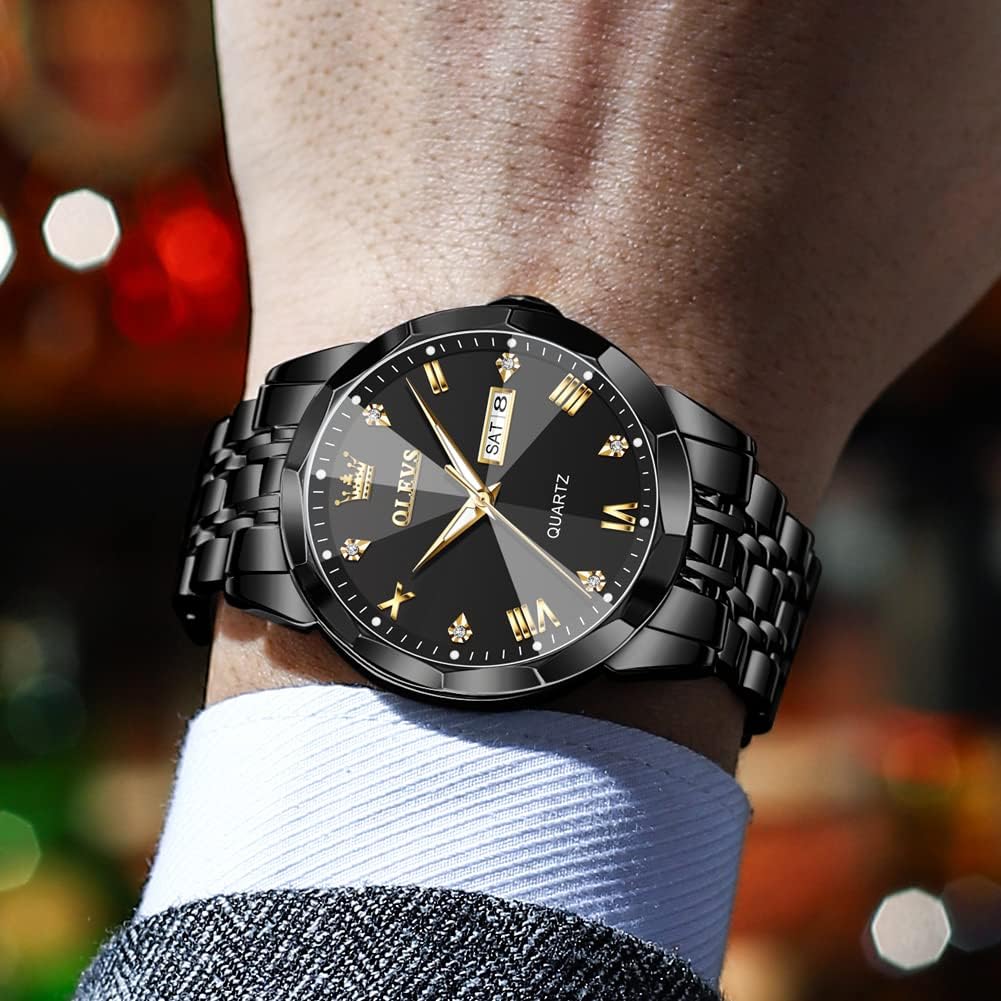 HOTOLEVS Watch for Men Diamond Business Dress Analog Quartz Stainless Steel Waterproof Luminous Date Two Tone Luxury Casual Wrist Watch Blue