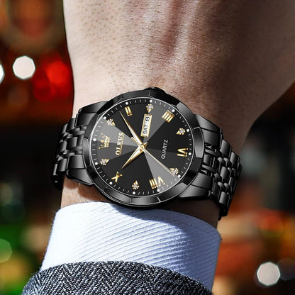 HOTOLEVS Watch for Men Diamond Business Dress Analog Quartz Stainless Steel Waterproof Luminous Date Two Tone Luxury Casual Wrist Watch Blue