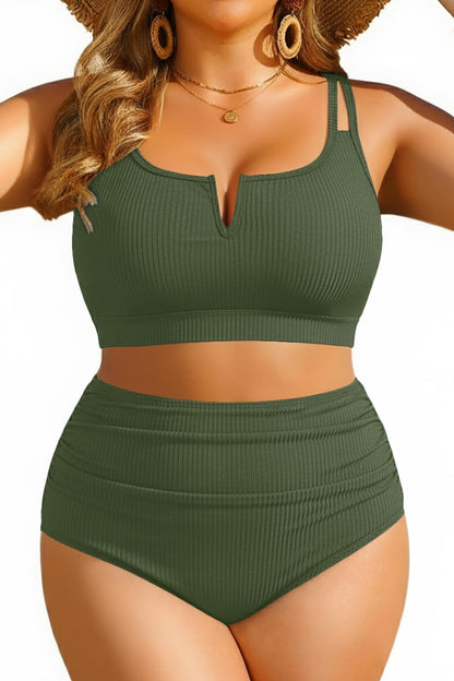 HOTWomen Plus Size High Waisted Bikini Ribbed Two Piece Tummy Control Swimsuit | V-Wired Bathing Suit, Adjustable Straps, Full Coverage, Full Lining