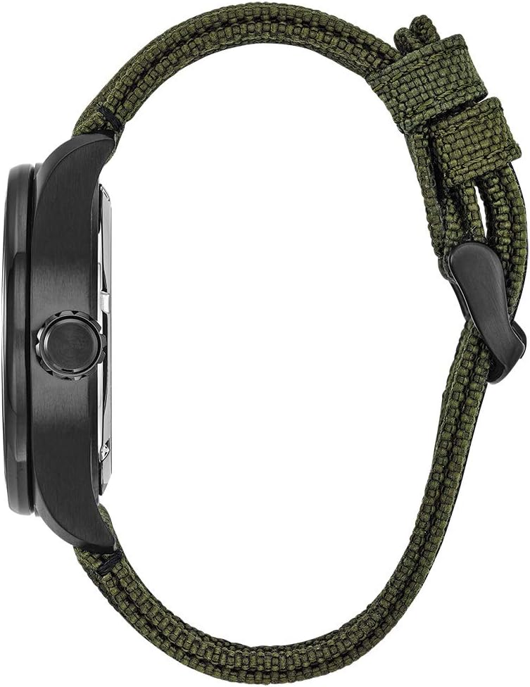 HOTCitizen Men's Eco-Drive Weekender Garrison Field Watch, in Stainless Steel with Olive Green Nylon Strap, Black Dial (Model: BU2055-16E)