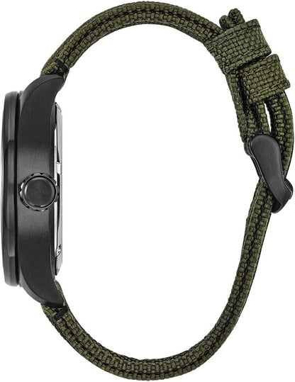 HOTCitizen Men's Eco-Drive Weekender Garrison Field Watch, in Stainless Steel with Olive Green Nylon Strap, Black Dial (Model: BU2055-16E)