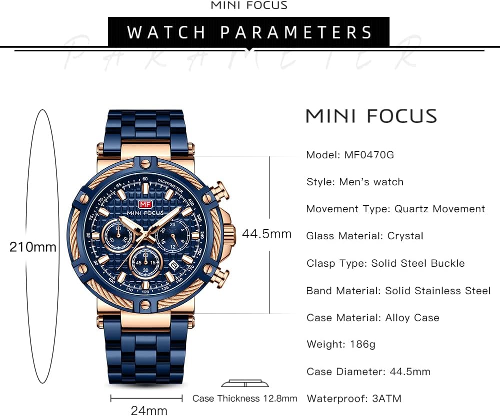 HOTMF MINI FOCUS Business Men Watches (Chronograph/Waterproof/Luminous/Calendar/24 Hours) Big Face Stainless Steel Band Watches for Men