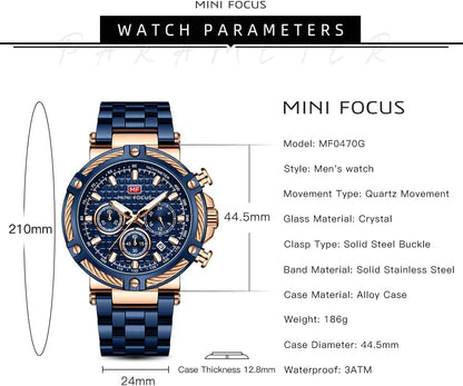 HOTMF MINI FOCUS Business Men Watches (Chronograph/Waterproof/Luminous/Calendar/24 Hours) Big Face Stainless Steel Band Watches for Men
