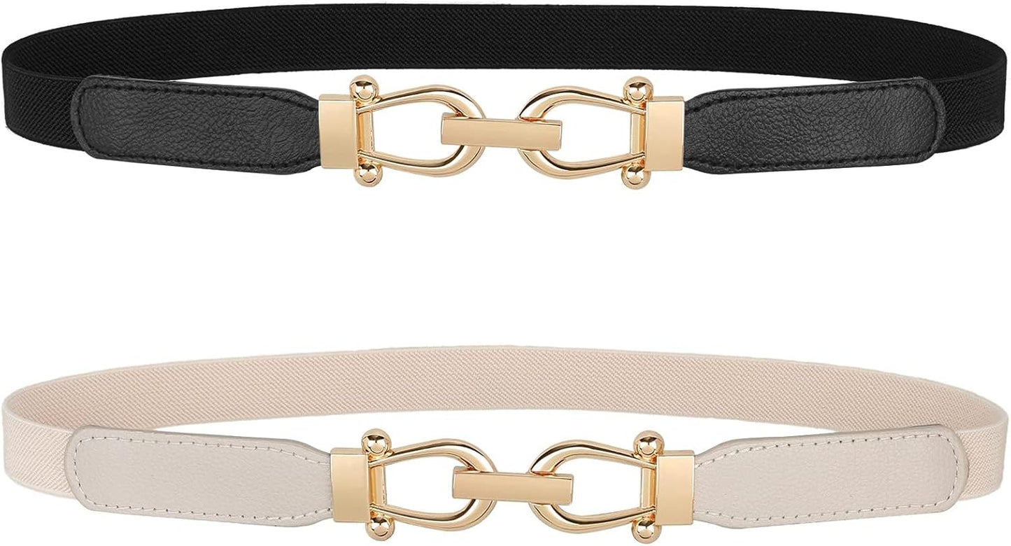 HOTJASGOOD Women Skinny Elastic Belt for Dresses,Thin Retro Stretch Waist Belt with Golden Buckle