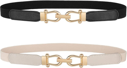 HOTJASGOOD Women Skinny Elastic Belt for Dresses,Thin Retro Stretch Waist Belt with Golden Buckle