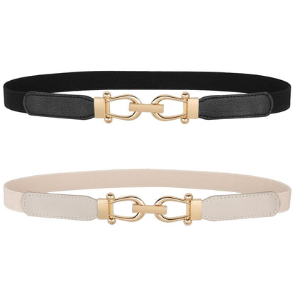 HOTJASGOOD Women Skinny Elastic Belt for Dresses,Thin Retro Stretch Waist Belt with Golden Buckle