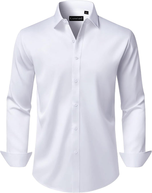 HOTMen's Dress Shirts Long Sleeve Stretch Wrinkle Free Wedding Formal Business Button Down Shirt