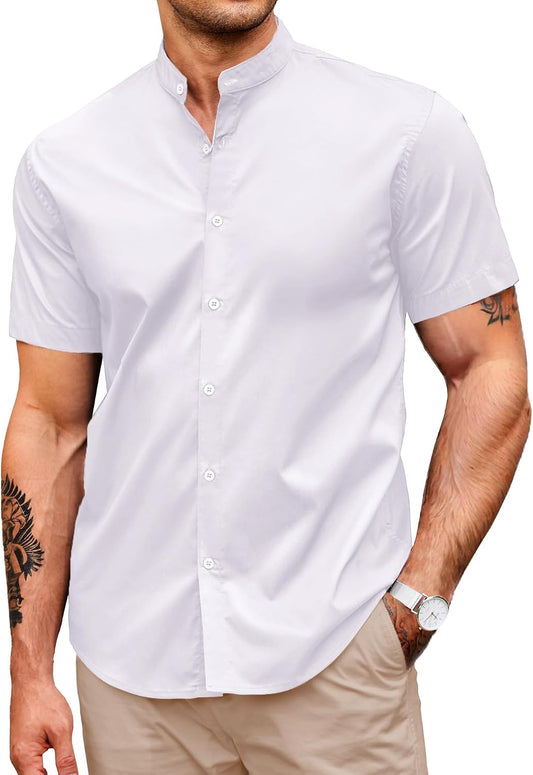 HOTCOOFANDY Muscle Fit Dress Shirts for Men Banded Collar Casual Button Down Shirts