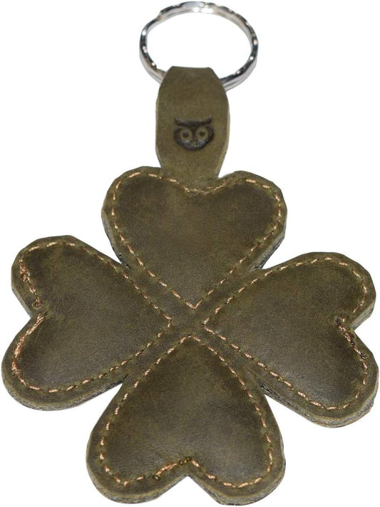 HOTHide & Drink, Lucky Clover Keychain, Good Luck Keyring, Four-Leaf, Key Organizer Holder, Full Grain Leather, Handmade, Peat Moss