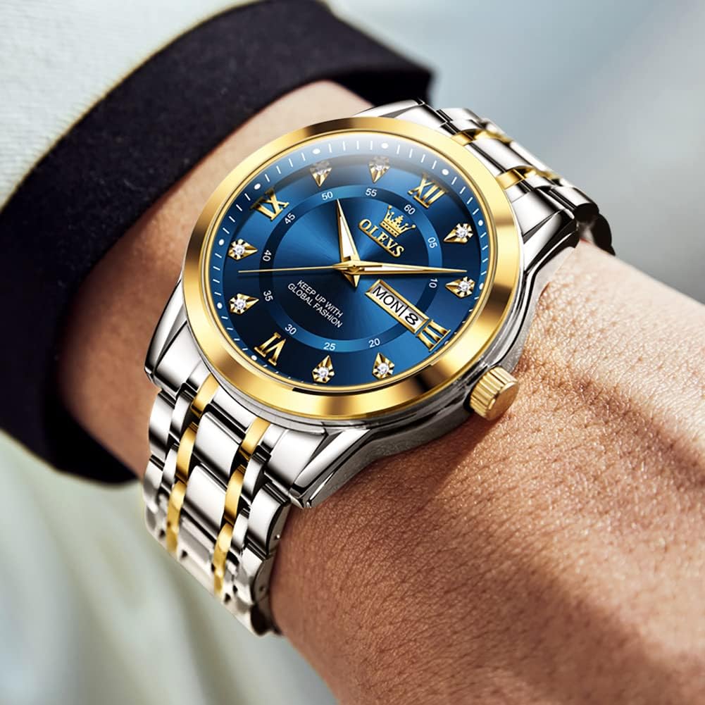 HOTOLEVS Men Watch Blue Gold Analog Quartz Stainless Steel Waterproof Luminous Date Luxury Casual Watch
