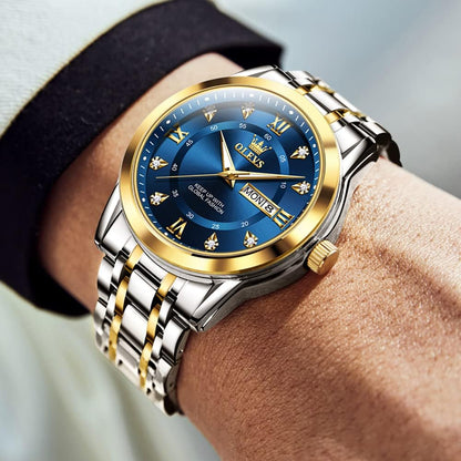HOTOLEVS Men Watch Blue Gold Analog Quartz Stainless Steel Waterproof Luminous Date Luxury Casual Watch