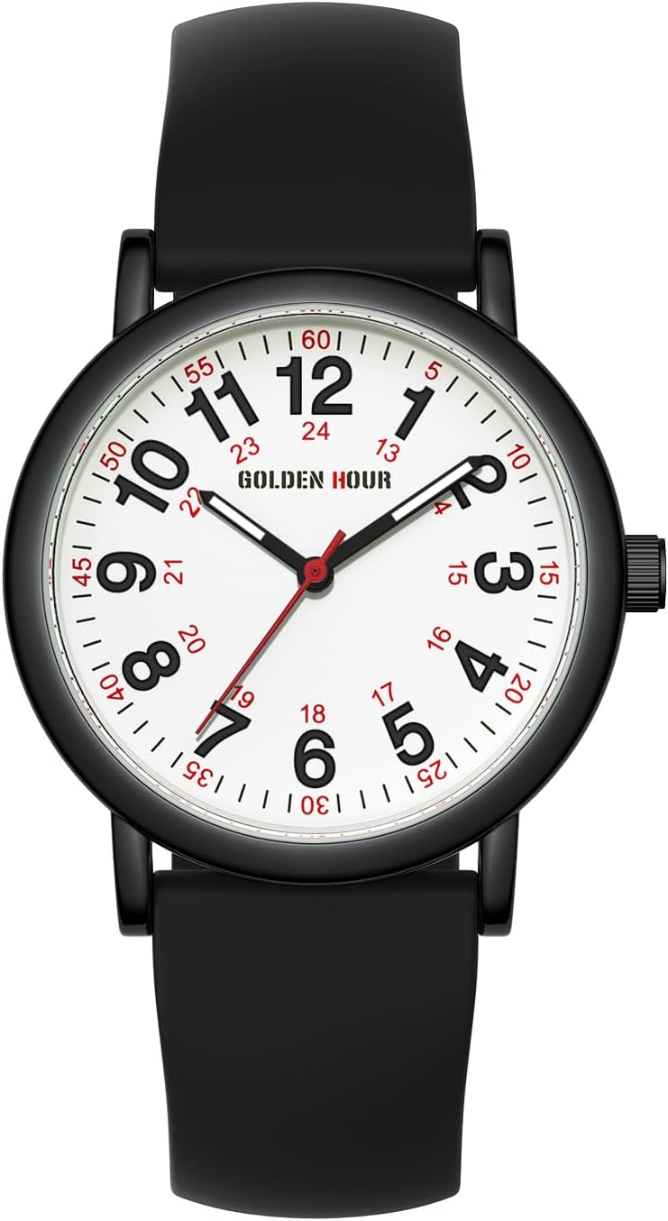 HOTGOLDEN HOUR Waterproof Nurse Watch for Medical Professionals, Students Women Men - Military Time Luminouse Easy Read Dial, 24 Hour with Second Hand, Colorful Silicone Band