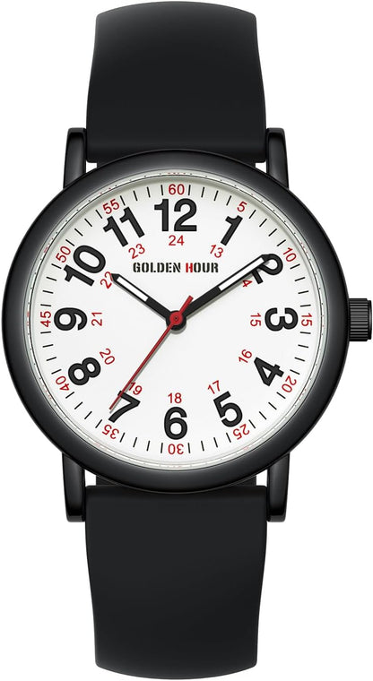 HOTGOLDEN HOUR Waterproof Nurse Watch for Medical Professionals, Students Women Men - Military Time Luminouse Easy Read Dial, 24 Hour with Second Hand, Colorful Silicone Band