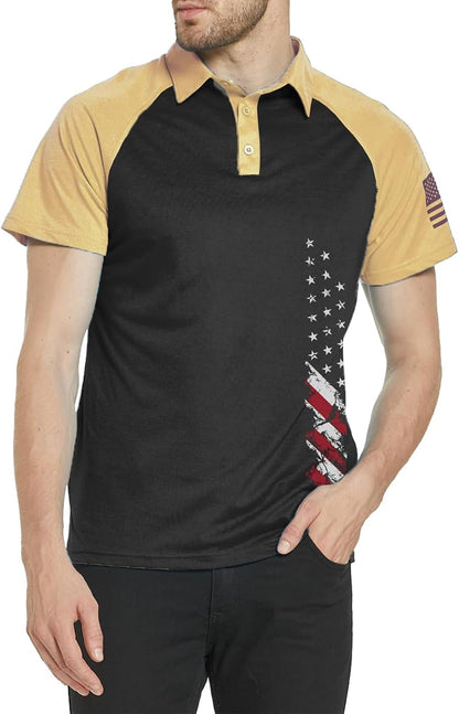 HOTMen's Polo Shirt Short Sleeve Quick Dry American Flag Print Graphic Split Color Golf Shirt for Sport