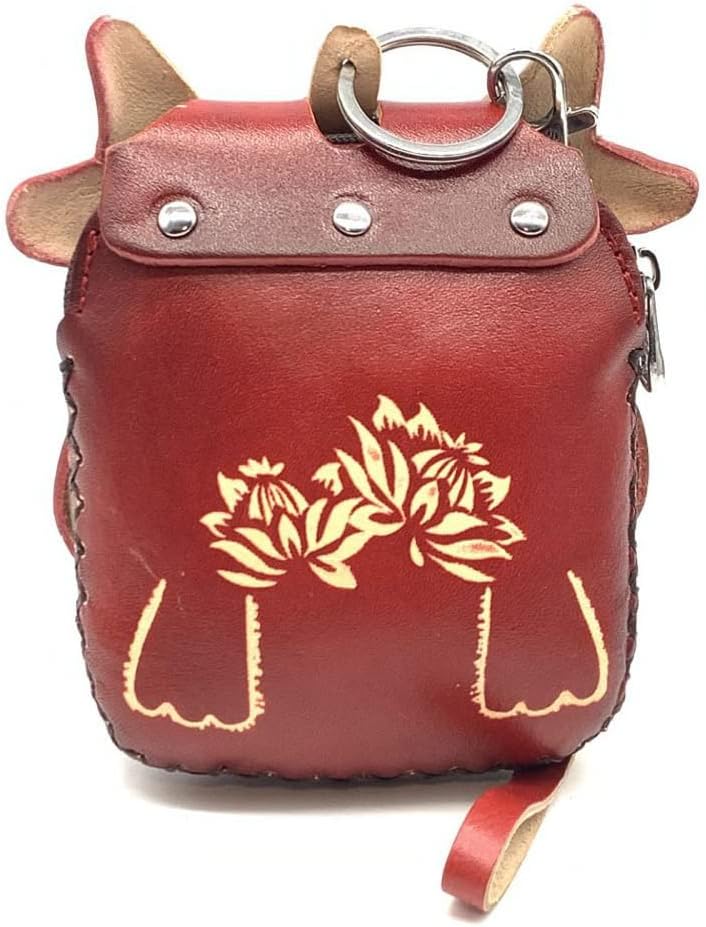 HOTVintage Genuine Leather 3D Animal Bull Coin Purse with keyring & Removable wrist strap (Red)