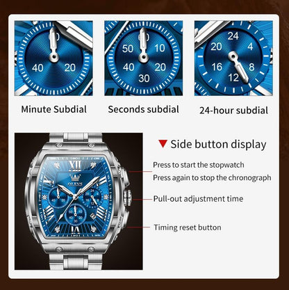 HOTOLEVS Mens Watches Analog Quartz Chronograph Square Dress Watch for Man Stainless Steel or Leather Band Waterproof Luminous Date Male Watch