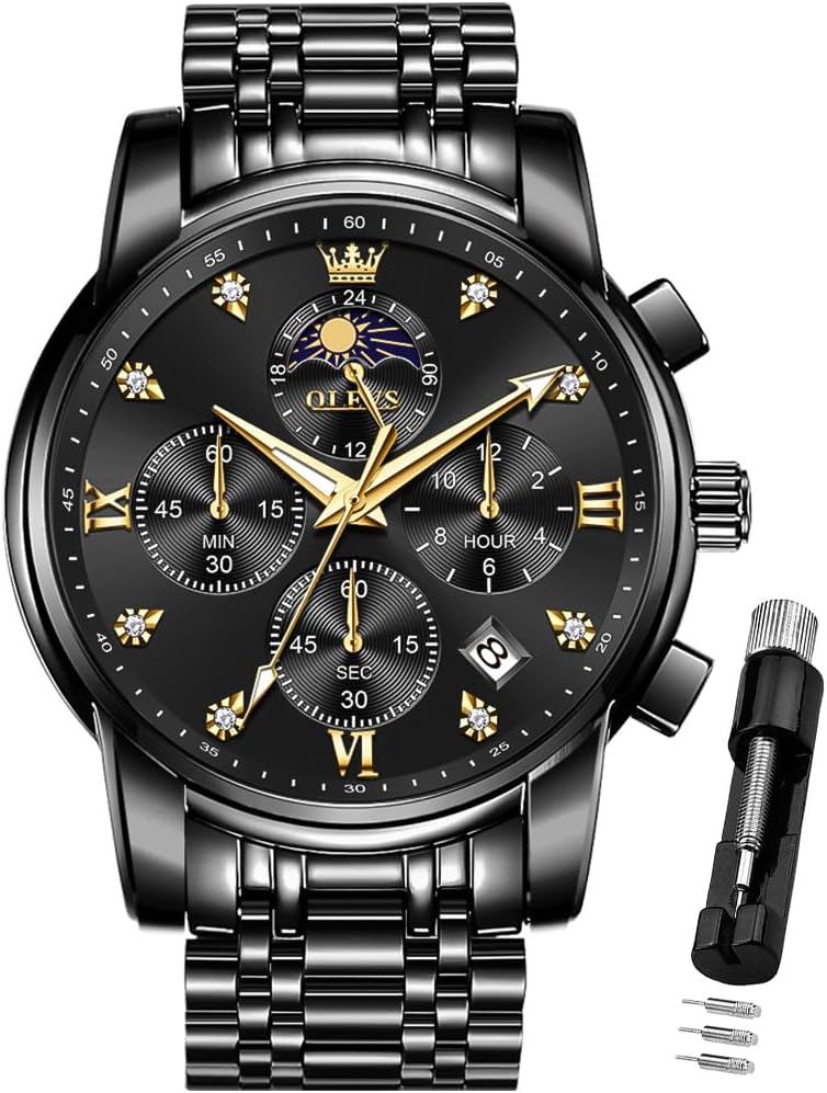HOTOLEVS Watch for Men Diamond Business Dress Analog Quartz Stainless Steel Waterproof Luminous Date Two Tone Luxury Casual Wrist Watch Blue