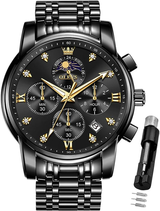 HOTOLEVS Watch for Men Diamond Business Dress Analog Quartz Stainless Steel Waterproof Luminous Date Two Tone Luxury Casual Wrist Watch Blue