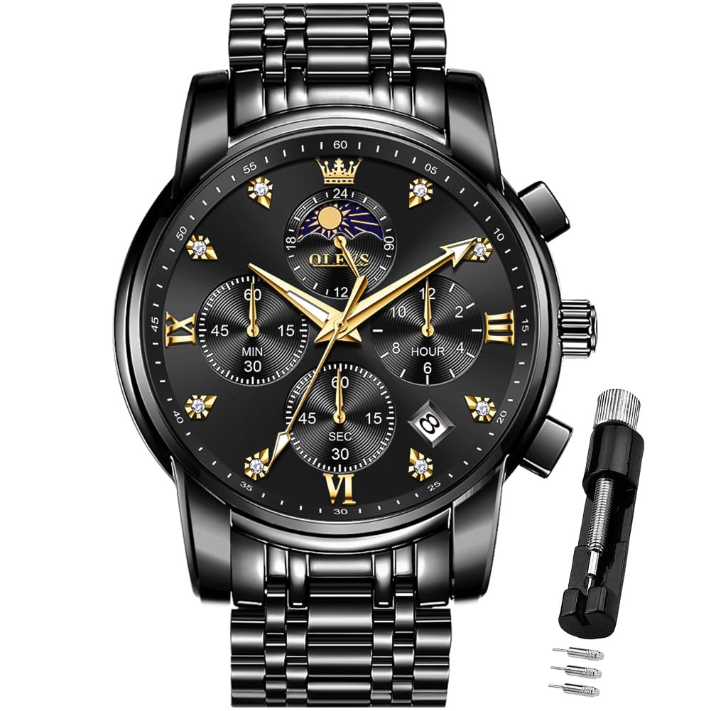 HOTOLEVS Watch for Men Diamond Business Dress Analog Quartz Stainless Steel Waterproof Luminous Date Two Tone Luxury Casual Wrist Watch Blue