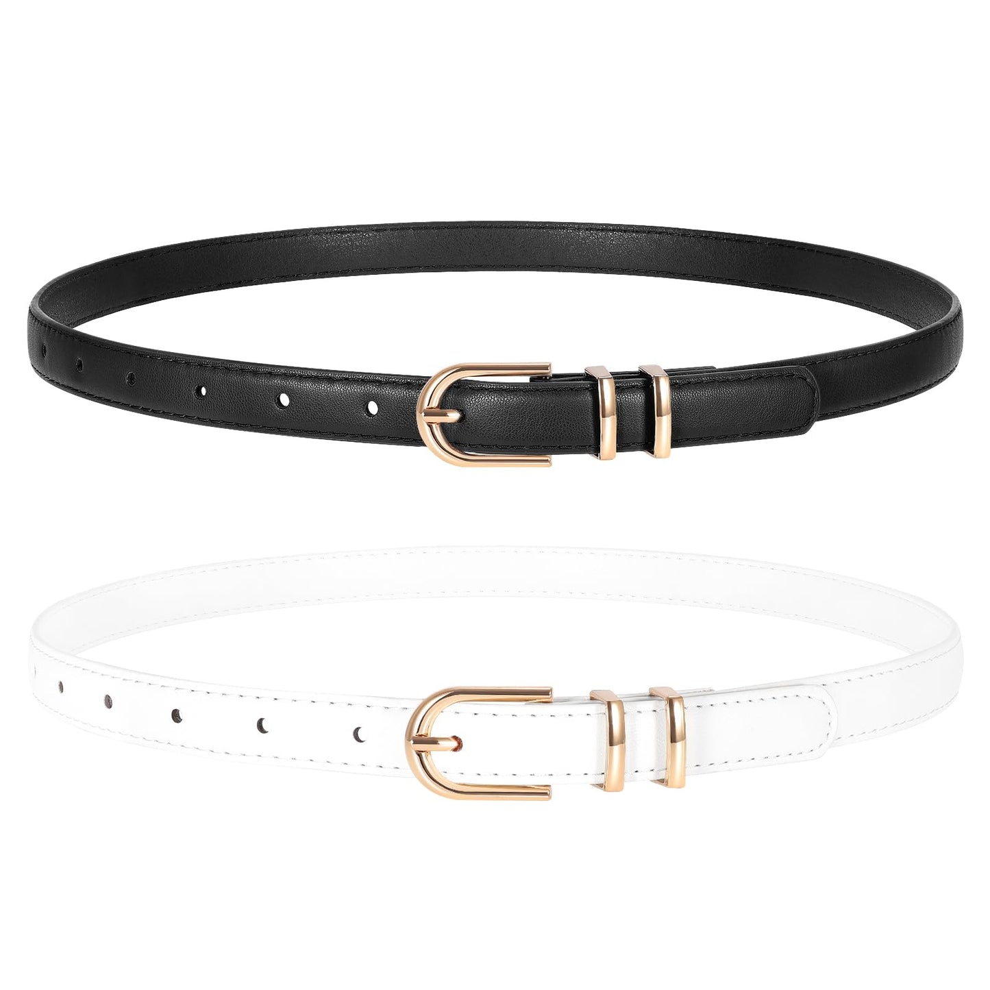 HOTTRIWORKS 2 Pack Women Skinny Leather Belts for Jeans Pants Thin Faux Leather Belt with Gold Buckle