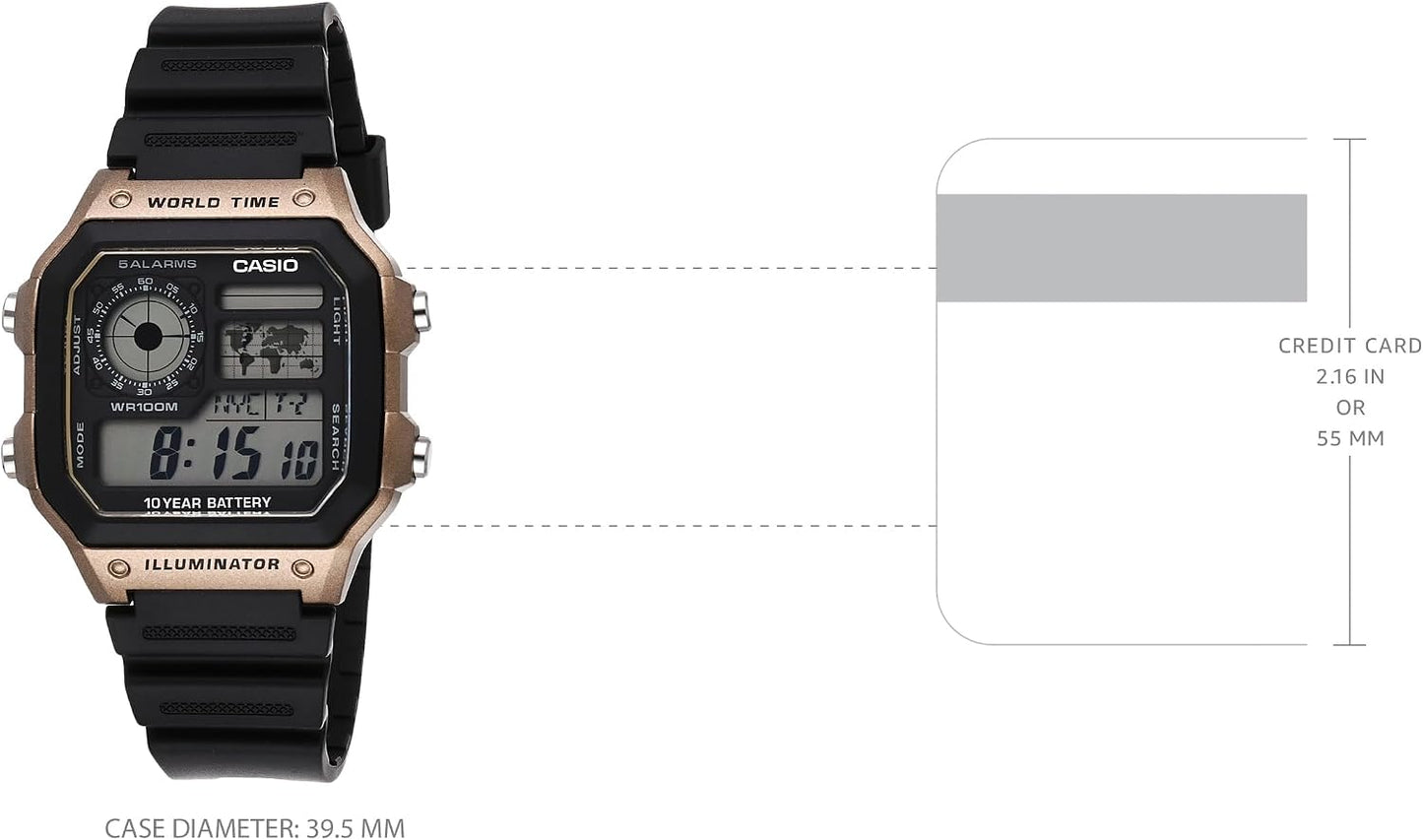 HOTCasio AE1200WH Series | Men’s Digital Watch | 100M WR | Multi Alarms | 100 SEC Stopwatch | Countdown Timer | World Map for World Time | LED Light | LC Analog Display | 10 Year Battery