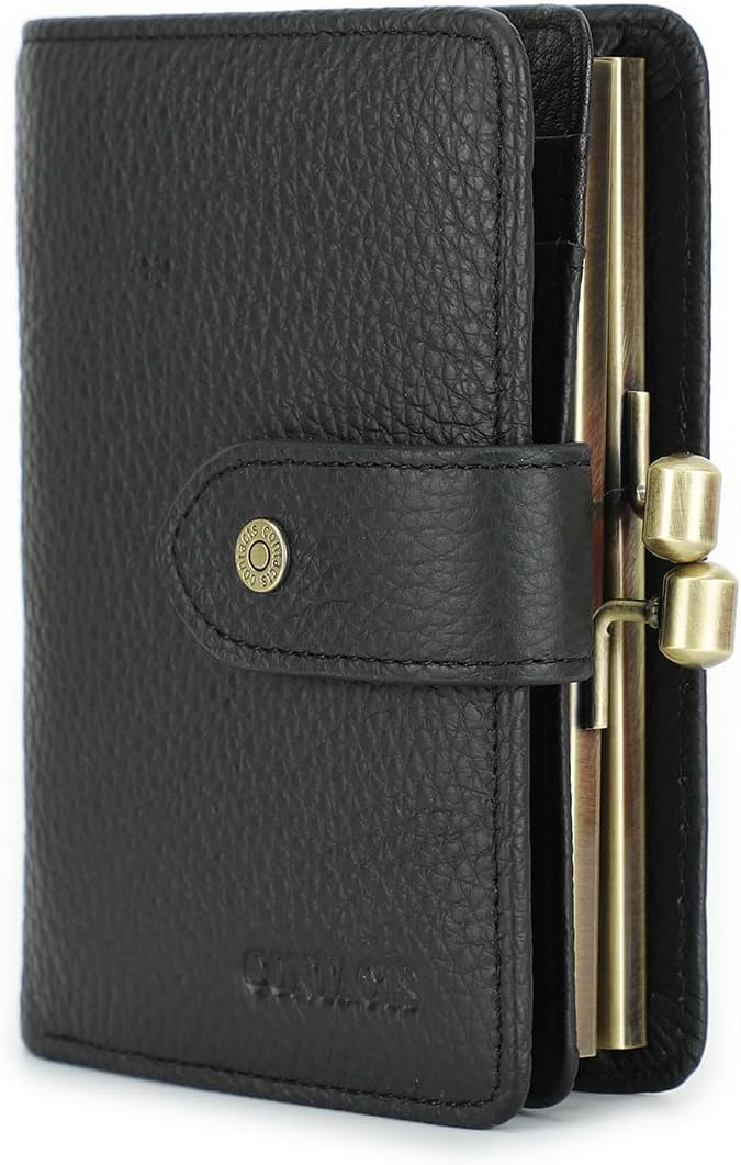 HOTCONTACTS Full Grain Leather Kiss Lock Wallet for Women Coin Pocket Kiss Clasp Purse Small Card Holder Bifold Rfid Wallet (Black)