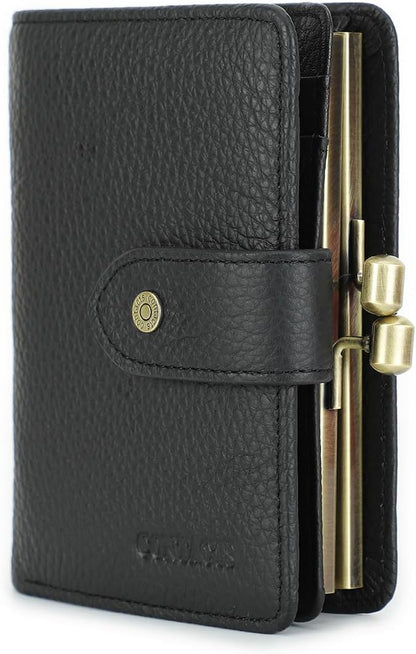 HOTCONTACTS Full Grain Leather Kiss Lock Wallet for Women Coin Pocket Kiss Clasp Purse Small Card Holder Bifold Rfid Wallet (Black)