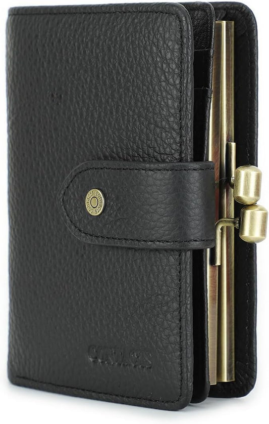 HOTCONTACTS Full Grain Leather Kiss Lock Wallet for Women Coin Pocket Kiss Clasp Purse Small Card Holder Bifold Rfid Wallet (Black)