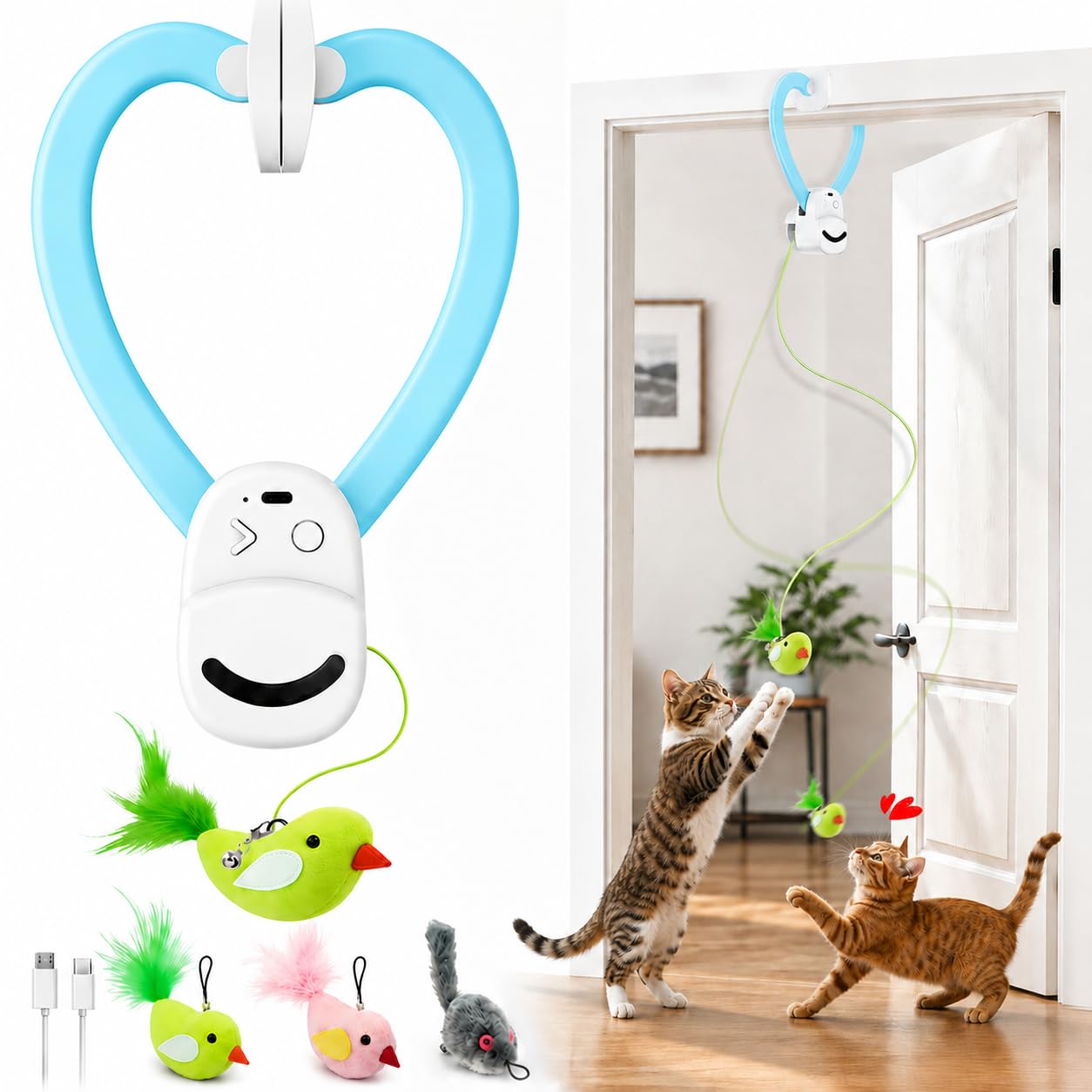 HOTInteractive Cat Toys for Indoor Cats: Automatic Flying Bird Feather Wand Chase Exercise Enrichment Stimulation, USB Rechargeable Durable Safe Hanging Toy for Bored Kittens Adult Multi Cat Households