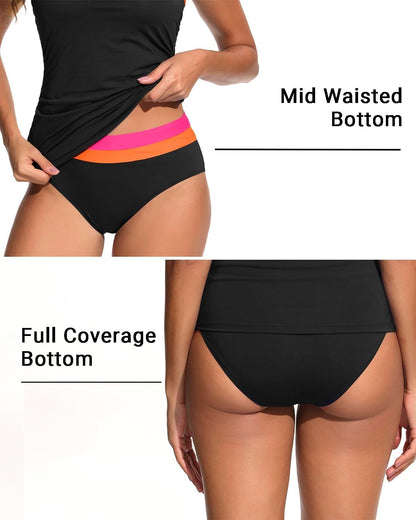 HOTDaci Women Strapless Tankini Tummy Control 2 Piece Bandeau Swimsuit | Full Coverage,Removable&Adjustable Straps,Built-in Soft Unremovable Bra,Ruched Tummy Control,Mid Waist Bottom,Fully Lined
