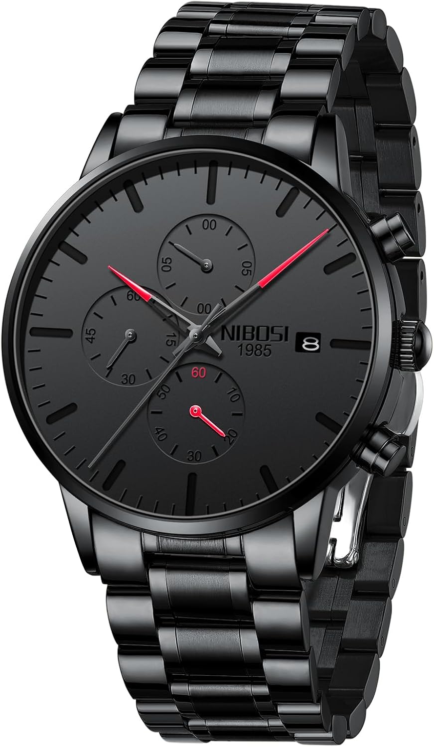 HOTNIBOSI Men's Analog Chronograph Watch, Minimalist Black Dial with Date | Waterproof Stainless Steel Strap, Business Fashion Casual Quartz Wrist Watches for Men