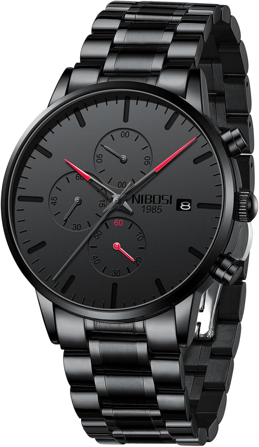 HOTNIBOSI Men's Analog Chronograph Watch, Minimalist Black Dial with Date | Waterproof Stainless Steel Strap, Business Fashion Casual Quartz Wrist Watches for Men