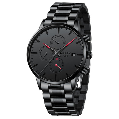 HOTNIBOSI Men's Analog Chronograph Watch, Minimalist Black Dial with Date | Waterproof Stainless Steel Strap, Business Fashion Casual Quartz Wrist Watches for Men