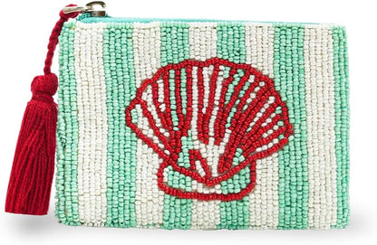 HOTAmerica & Beyond Hand-Beaded Coin Pouch, Striped Seashell Design, Mini Zip Pouch with Tassel, 5 x 3.5 Inch