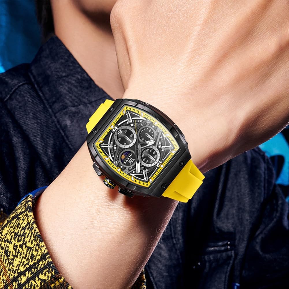HOTOLEVS Men Watches Business Dress Chronograph Big Square Quartz Analog Male Watch Silicone Strap Waterproof Date Gift Mens Wrsit Watch Silver