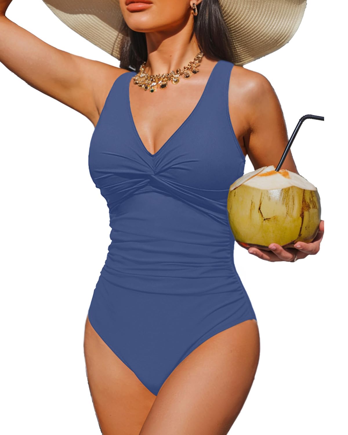HOTWomen's Tummy Control One Piece Swimsuit Push Up Full Coverage Bathing Suit | V-Neck Twist Front, Low-Back Design, Adjustable Straps, Removable Pads, Full Coverage, Long-Torso Fit, Beach and Pool Days