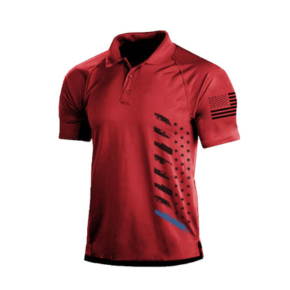 HOTMen's Polo Shirt Short Sleeve Quick Dry American Flag Print Graphic Split Color Golf Shirt for Sport