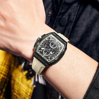 HOTOLEVS Men Watches Business Dress Chronograph Big Square Quartz Analog Male Watch Silicone Strap Waterproof Date Gift Mens Wrsit Watch Silver