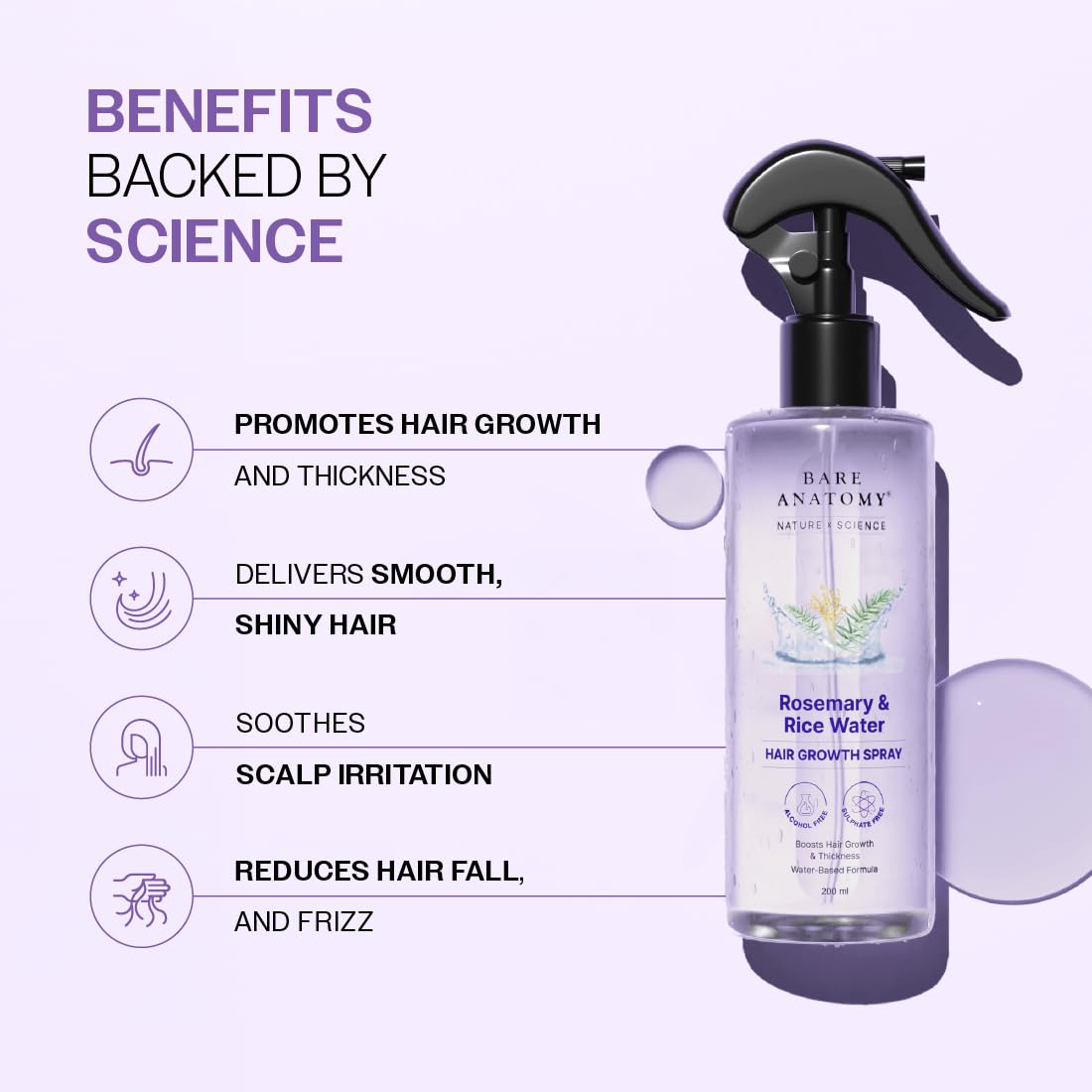 HOTBare Anatomy Nature x Science Rosemary Water Spray for Hair Growth & Hair Thickness with Rice Water |100% Natural Extract | Soft & Smooth Hair| Controls Hairfall| Non-Greasy & Fast Absorbing | 200ml