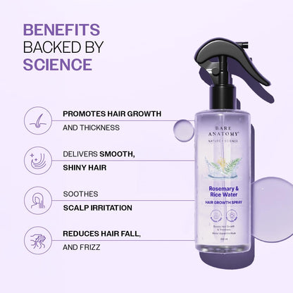 HOTBare Anatomy Nature x Science Rosemary Water Spray for Hair Growth & Hair Thickness with Rice Water |100% Natural Extract | Soft & Smooth Hair| Controls Hairfall| Non-Greasy & Fast Absorbing | 200ml
